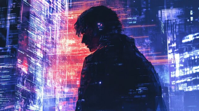 Amidst a chaotic backdrop of flickering screens and lines of shifting code a solitary hacker is momentarily framed in a burst of light revealing the tense concentration etched into
