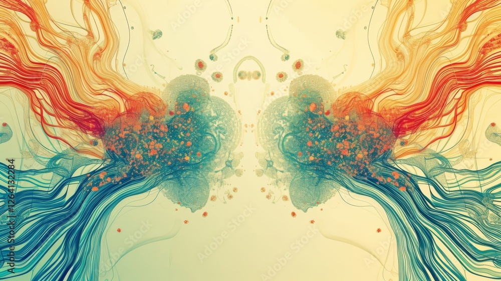Poster a vibrant, organic abstract representation of a neural network with flowing red and blue lines. the 