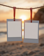 Two Polaroids Hanging on a String, Tied Together with a Red Ribbon