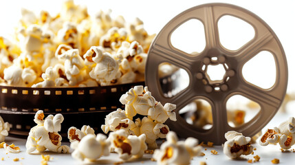 Minimalistic design featuring movie tickets, popcorn, and a film reel in bright colors on a clean white background