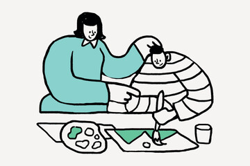 Mum teaching son to paint doodle collage element vector