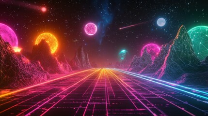 Obraz premium Retro-futuristic game scene with neon rainbow laser grid, wire frame landscape and black background wallpaper AI generated image