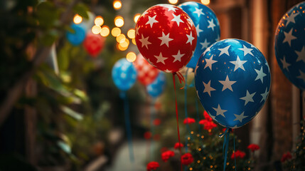 Fototapeta premium Festive display celebrating Independence Day with vibrant red, white, and blue balloons in a cheerful setting