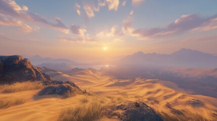 Naklejka premium Desert sunset landscape, dunes, mountains, scenic vista, game background