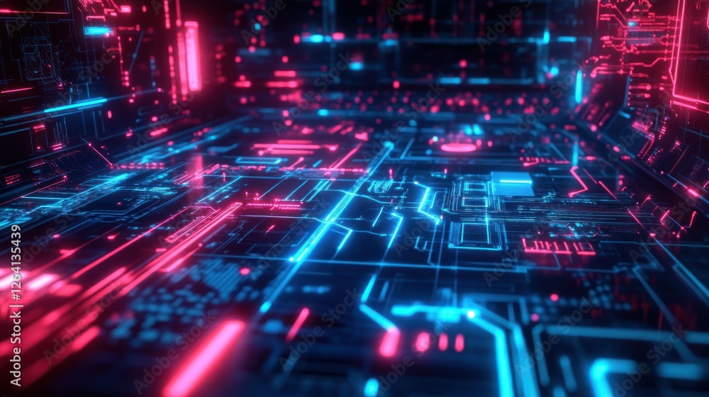 Poster game background with neon lights with intricate circuit board patterns, electric blue and red colors