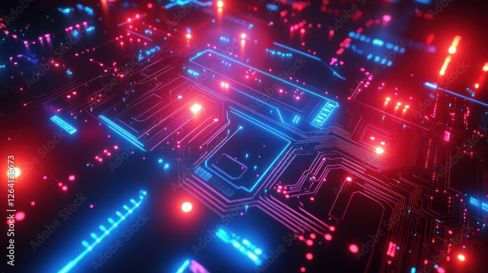 Poster game background with neon lights with intricate circuit board patterns, electric blue and red colors