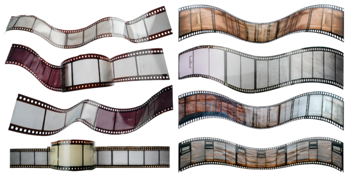 Vintage Film Strips with Unique Textures and Varied Backgrounds, isolated on transparent background - Powered by Adobe