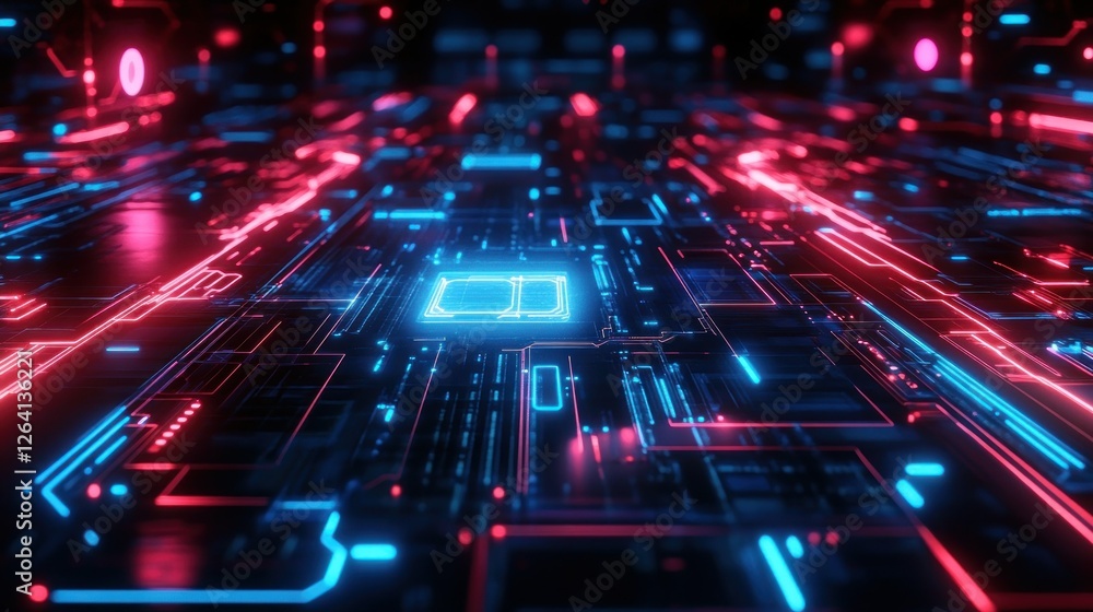 Poster game background with neon lights with intricate circuit board patterns, electric blue and red colors