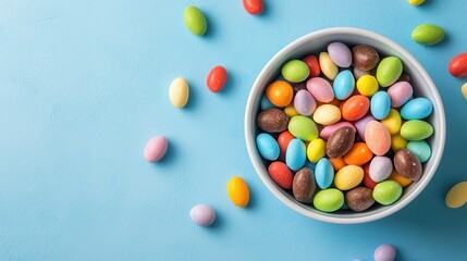 Obraz premium Colorful Candy on Blue Surface with Bowl and Surrounding Treats
