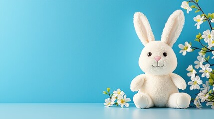 Obraz premium Adorable White Bunny Toy Surrounded by Flowers on Blue Background