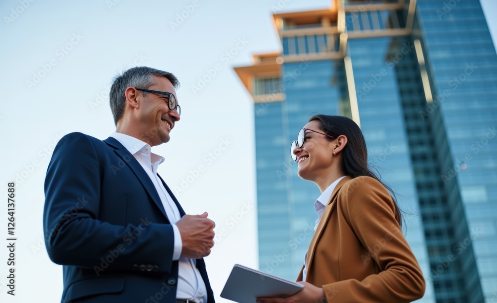 Poster professional interaction between two business individuals in front of a modern skyscraper in a vibra