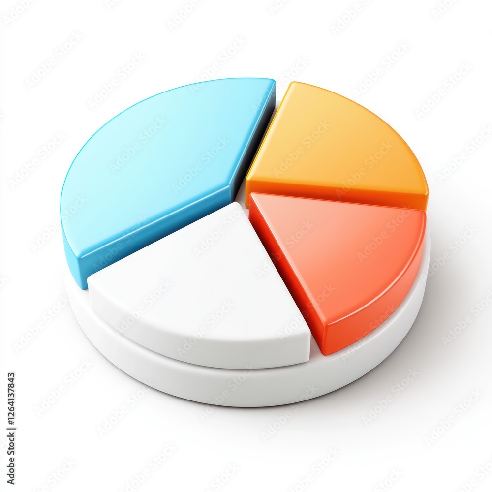 Poster 3d icon of a pie chart symbolizing data visualization on solid white background.