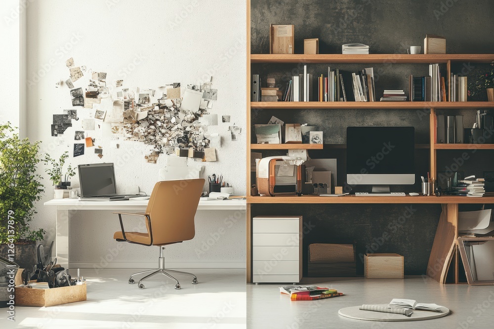 Poster cluttered workspace versus organized office revealing stark contrast in environment and productivity