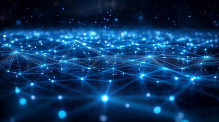 Fototapeta premium Futuristic glowing network grid with blue digital nodes and connections on a dark background.