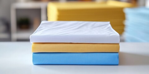 A pristine white sheet, elegantly folded, rests atop a soft light blue fabric. Set against a subtle light gray backdrop, it exudes serene simplicity and understated elegance
