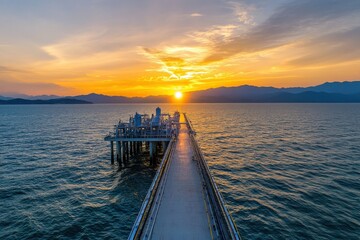 Obraz premium Sunset Over Ocean Pier with Industrial Equipment Against Scenic Mountainous Background