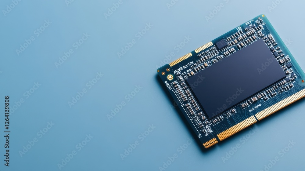Poster modern electronic circuit board with microchip on blue background for technology and innovation conc