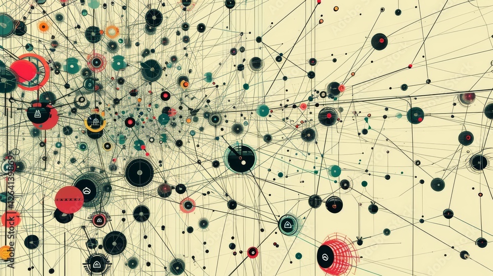 Aufkleber a highly detailed abstract representation of a digital network, featuring interconnected nodes, line