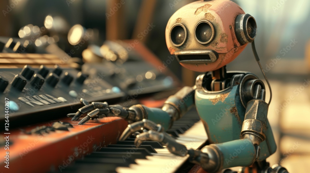 Poster a retro-styled robot plays an analog synthesizer, blending nostalgia with futuristic technology. the