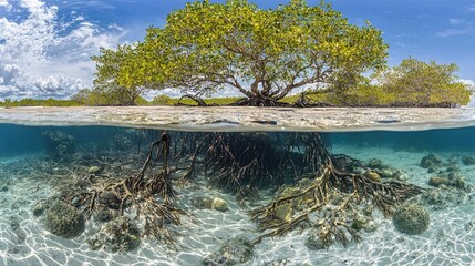Underwater view of mangrove roots with clear water, showcasing marine life and lush foliage