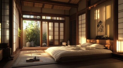Fototapeta premium Beautiful japanese bedroom with open windows and natural light