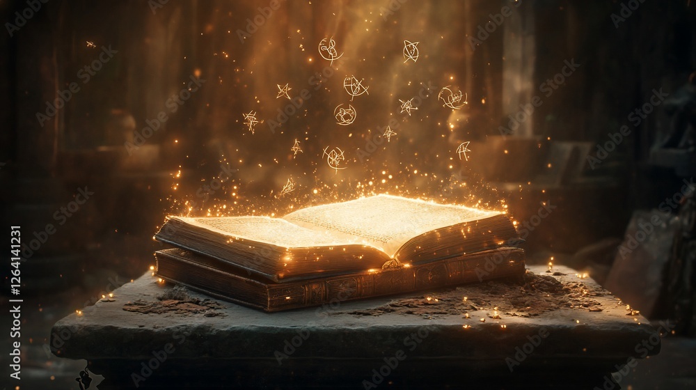 Poster mystical open book with glowing symbols and dust particles on stone table