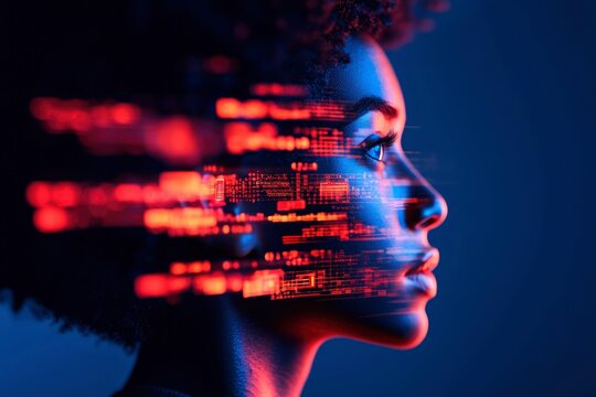 Profile of woman with glowing code effect for tech, creative digital work