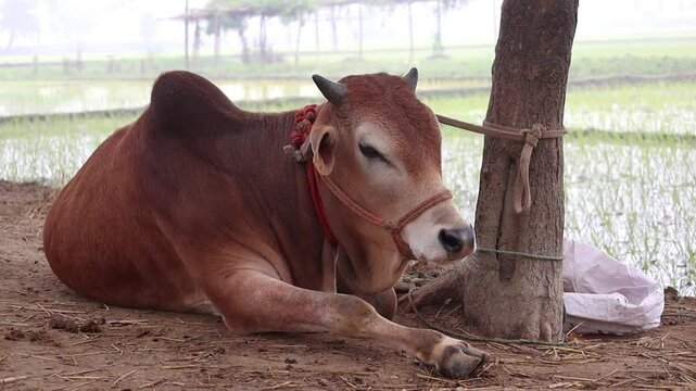 A red cow, tethered to a tree with a rope, sits on the ground, passing a lazy time. This depicts rural animal husbandry in Bangladesh.