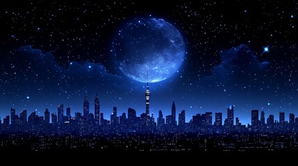 Mystical city night scape under bright moon and starry sky backdrop in deep blue tone for digital composite art scene wallpaper