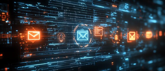 Obraz premium sleek modern technology flatscreen with floating digital mail notifications, glowing icons, futuristic interface design, dark background