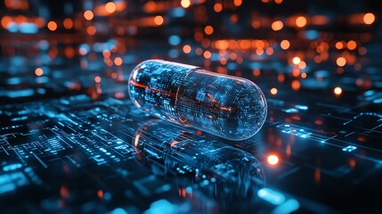 smart AI medicine pill floating in a futuristic digital space, glowing blue, surrounded by healthtech data and virtual interfaces
