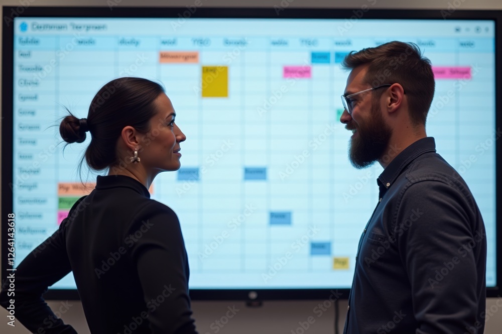Poster a focused meeting between two professionals analyzing a project schedule on a digital display in a m