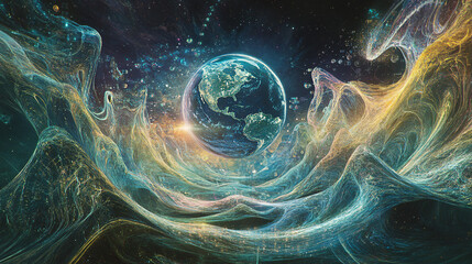 abstract cosmic landscape with earth and colorful nebula swirls in space