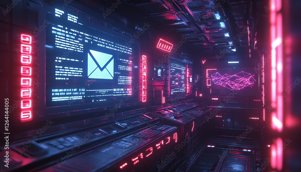 Poster advanced flatscreen displaying flying mail, holographic interface with fastmoving notifications, neo