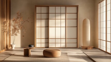 Minimalist japanese inspired interior with shoji screens and natural light