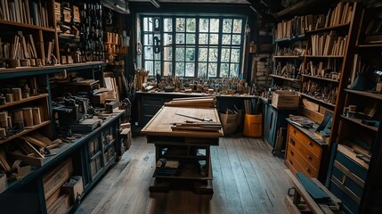 Obraz premium Craftsman's workshop, tools, wood, daylight, historic building, woodworking, craft, interior, vintage, for websites, blogs