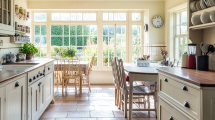 Sunny Kitchen With Garden View And Rustic Furniture
