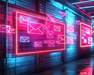 digital flatscreen showing flying emails, illuminated icons, hightech design, floating letters with sharp, futuristic styling