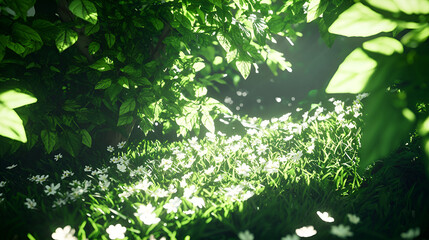 Fototapeta premium Sunlit pathway through lush greenery enchanted forest nature photography serene environment close-up view tranquility