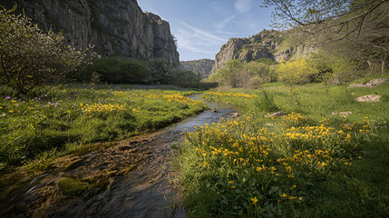 Flowing stream surrounded by vibrant wildflowers scenic valley nature photography springtime serenity