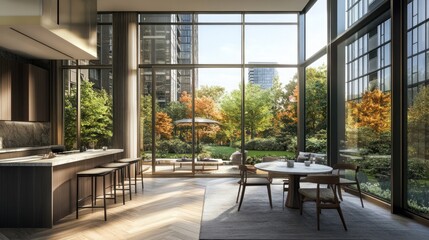 Modern Apartment Kitchen Dining Area With Autumnal Park View