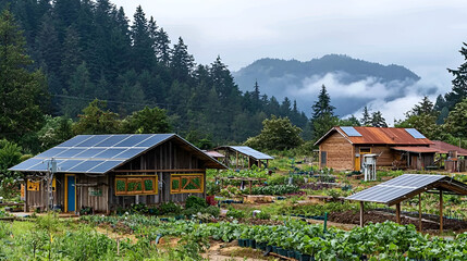 Sustainable farming practices eco-friendly farm community garden mountainous region aerial view green living concept