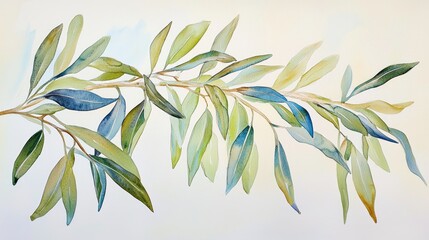 Watercolor illustration of a delicate olive branch with lush green and blue leaves