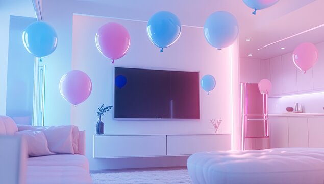 Neon party room with floating balloons