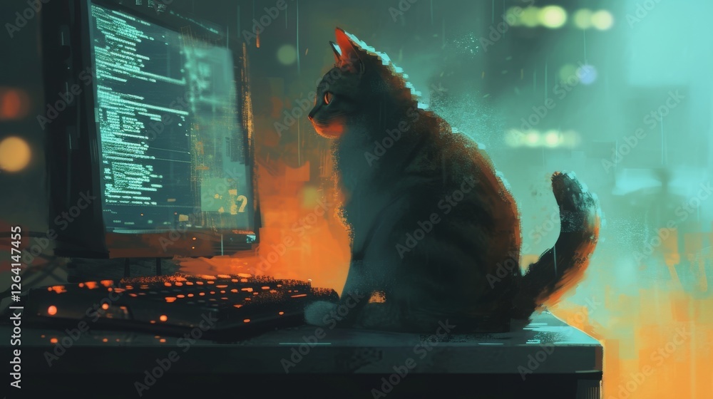 Poster a futuristic cyberpunk-style cat sits in front of a glowing monitor, surrounded by neon city lights 