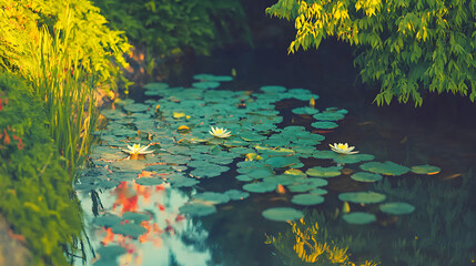 Tranquil water lily scene serene pond nature photography lush environment close-up view relaxation concept