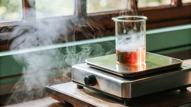 A closeup view of a portable hotplate with a beaker undergoing a gentle heating process steam rising as colored vapors mix visually highlighting the science of drug formulation.