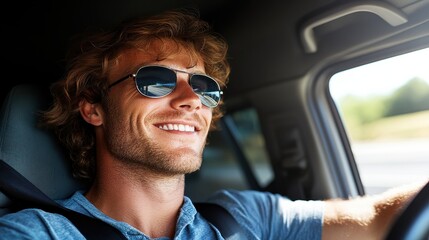 A man confidently driving a car with sunglasses on, enjoying a road trip.