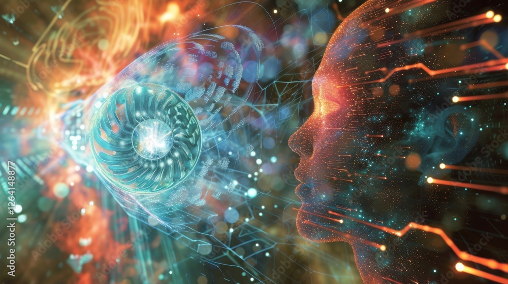 Poster a digital representation of artificial intelligence interacting with the human mind, featuring glowi