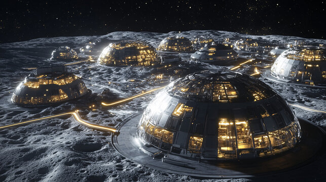 futuristic moon base colony spaceship dome night sci-fi 3d illustration